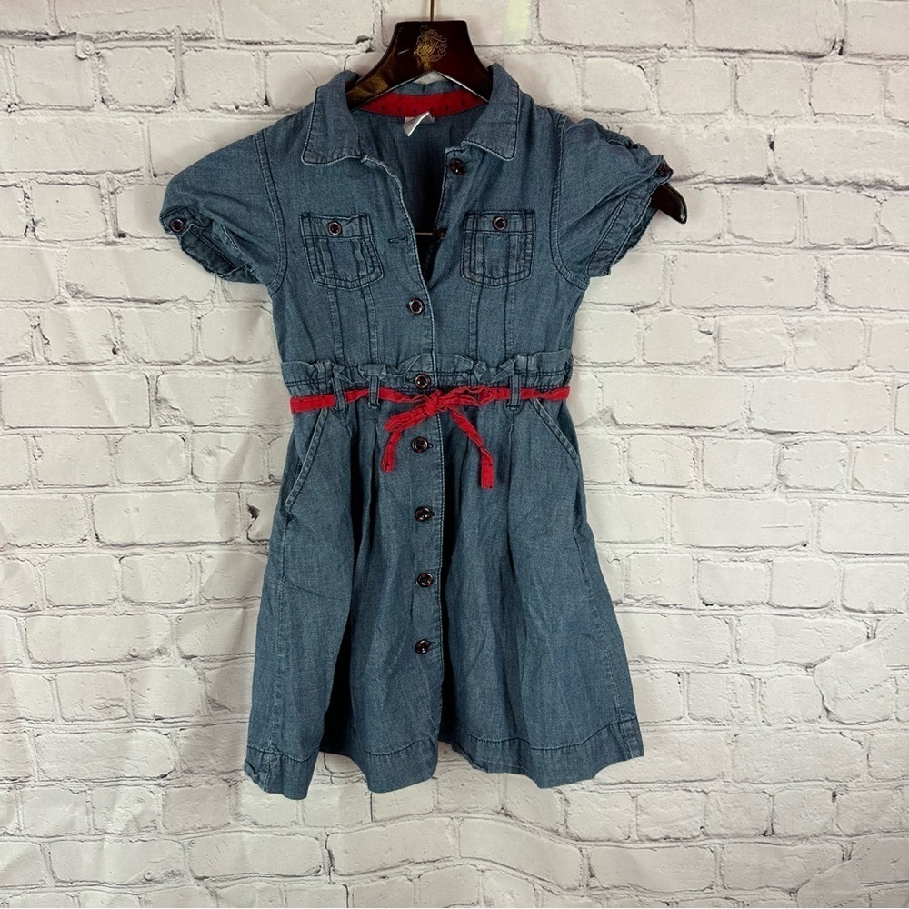 gymboree 2010 denim dress button front red contrast belt sz 6 100% cotton